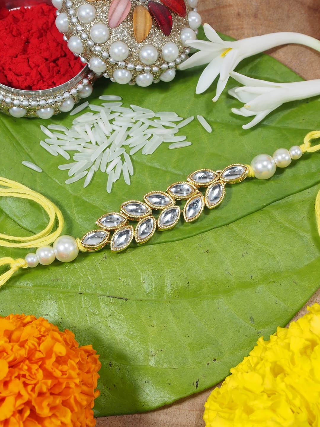 

I Jewels Men Gold-Plated White Pearl Rakhi Bracelet