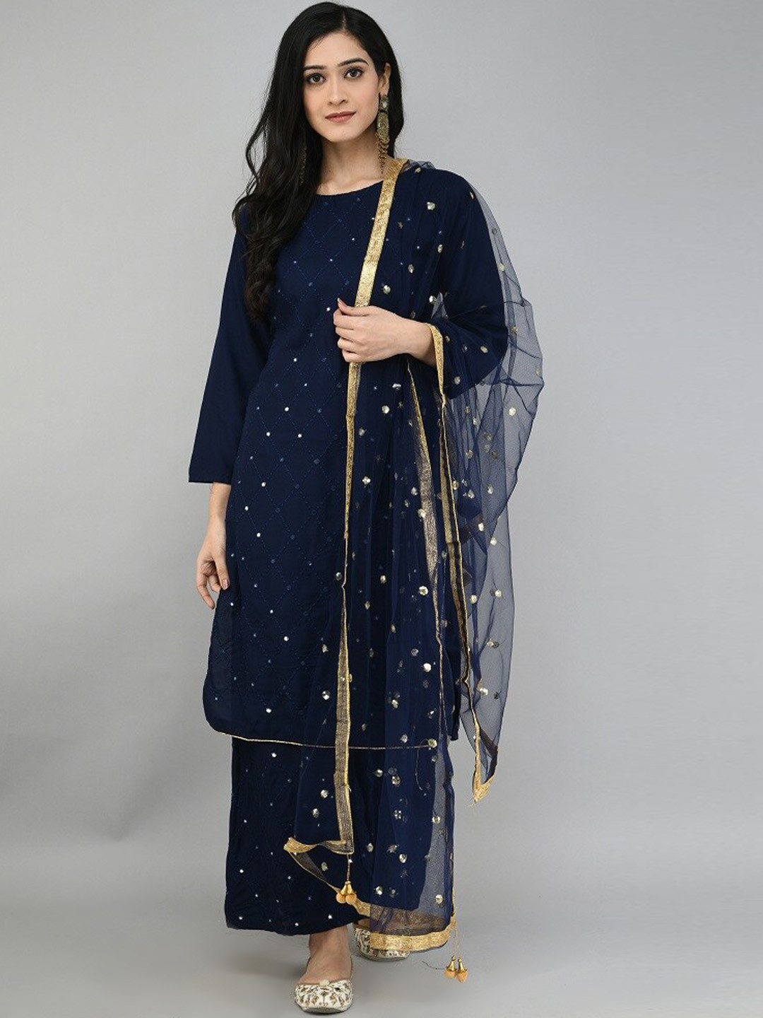 

Queenswear Creation Women Blue Floral Embroidered Layered Kurti with Sharara & With Dupatta