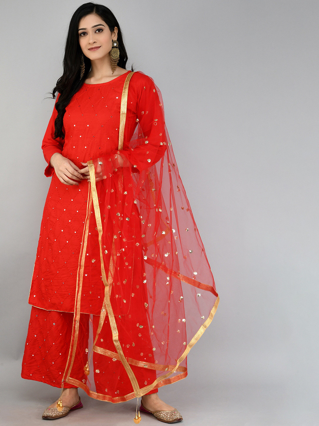 

Queenswear Creation Women Maroon Ethnic Motifs Embroidered Kurti with Palazzos & With Dupatta