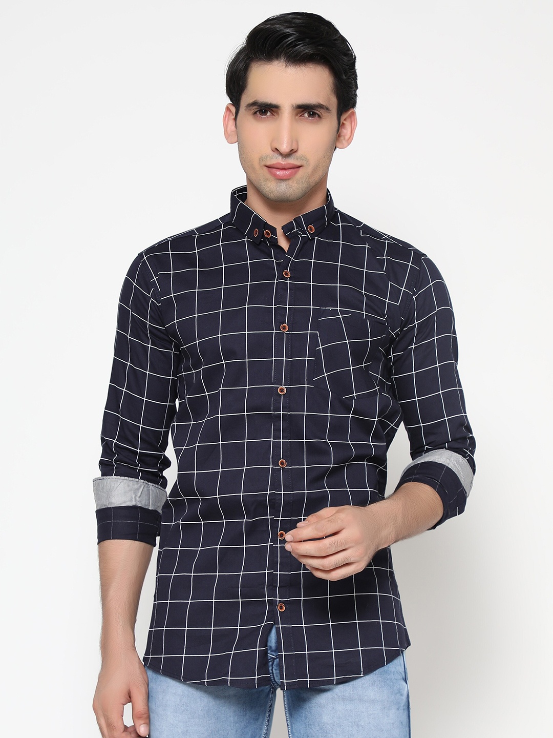 

INLERA Men Blue Comfort Windowpane Checks Checked Casual Shirt