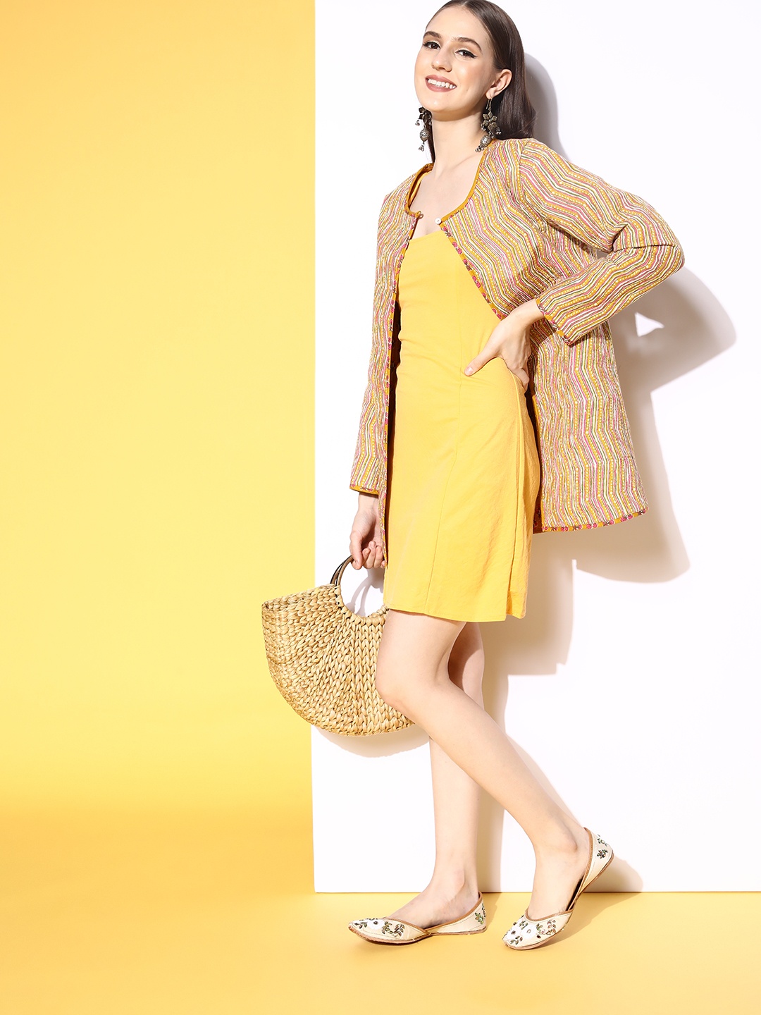 

HERE&NOW Women Mustard Geometric Print Mix Jacket