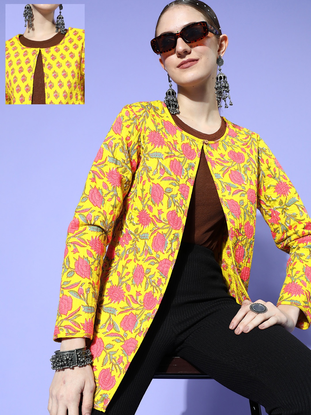 

HERE&NOW Women Mustard Floral Print Mix Open Front Ethnic Jacket