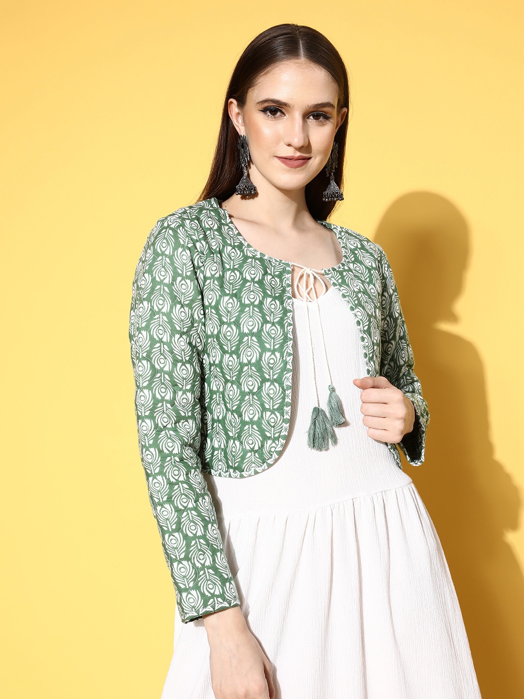 

HERE&NOW Women Green Printed Open Front Ethnic Jacket