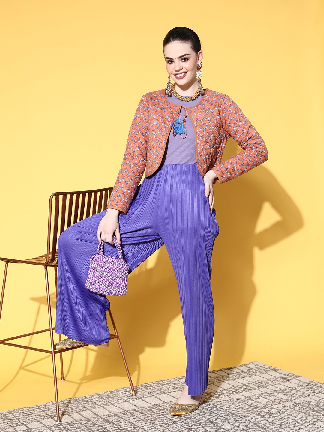 

HERE&NOW Women Coral Orange & Blue Ethnic Print Crop Cotton Tailored Jacket