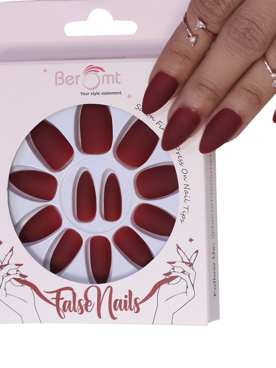 

BEROMT 12 Pcs Long-Lasting Premium Matte Salon Finish Press On Nails - Shade 477, Maroon