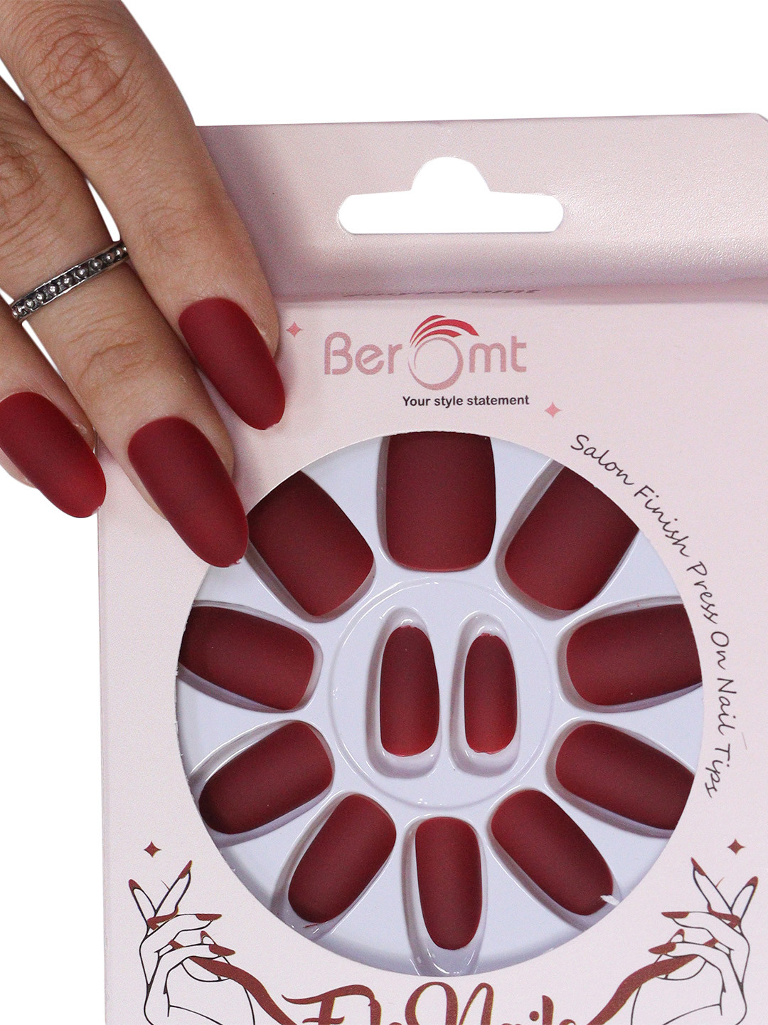 

BEROMT 12 Pcs Long-Lasting Premium Matte Salon Finish Press On Nails - Shade 446, Maroon