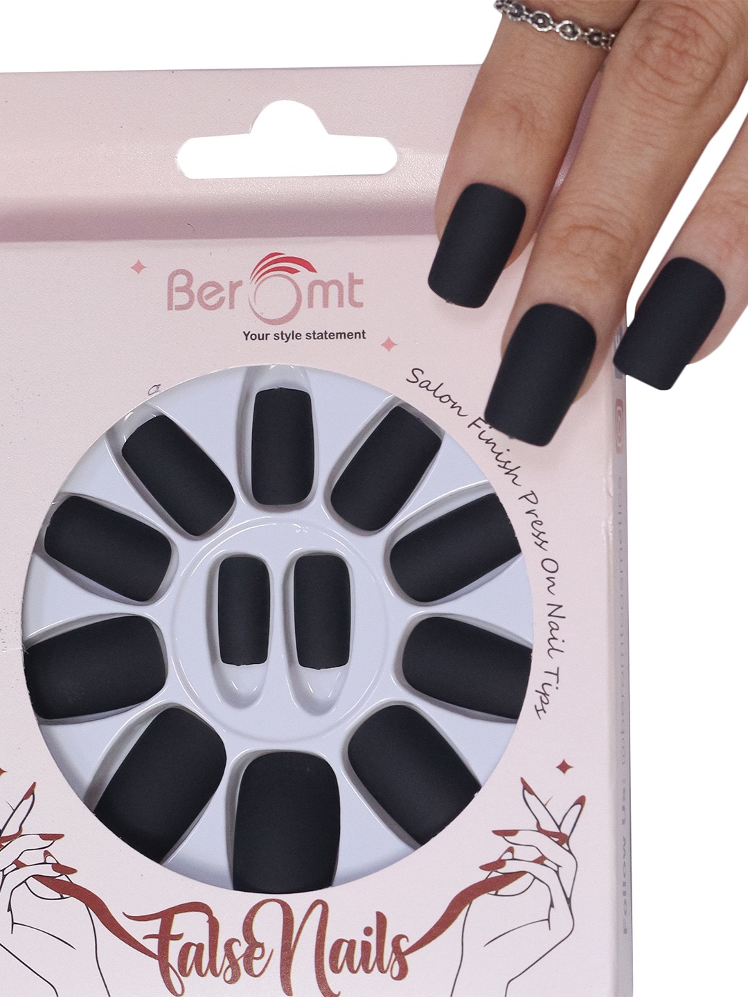 

BEROMT 12 Pcs Long-Lasting Premium Matte Salon Finish Press On Nails - Shade 427, Black