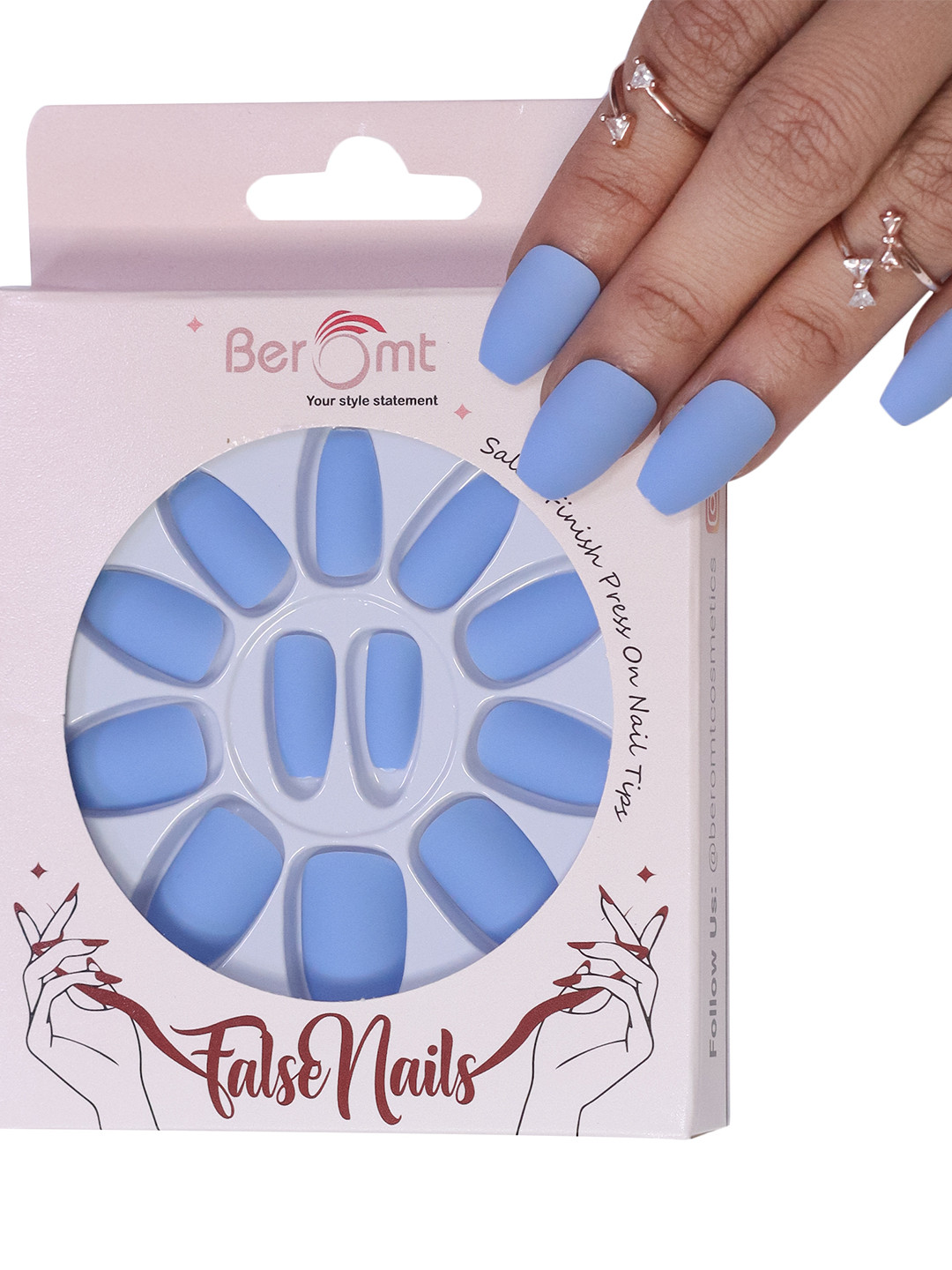 

BEROMT 12 Pcs Long-Lasting Premium Matte Salon Finish Press On Nails - Shade 472, Blue