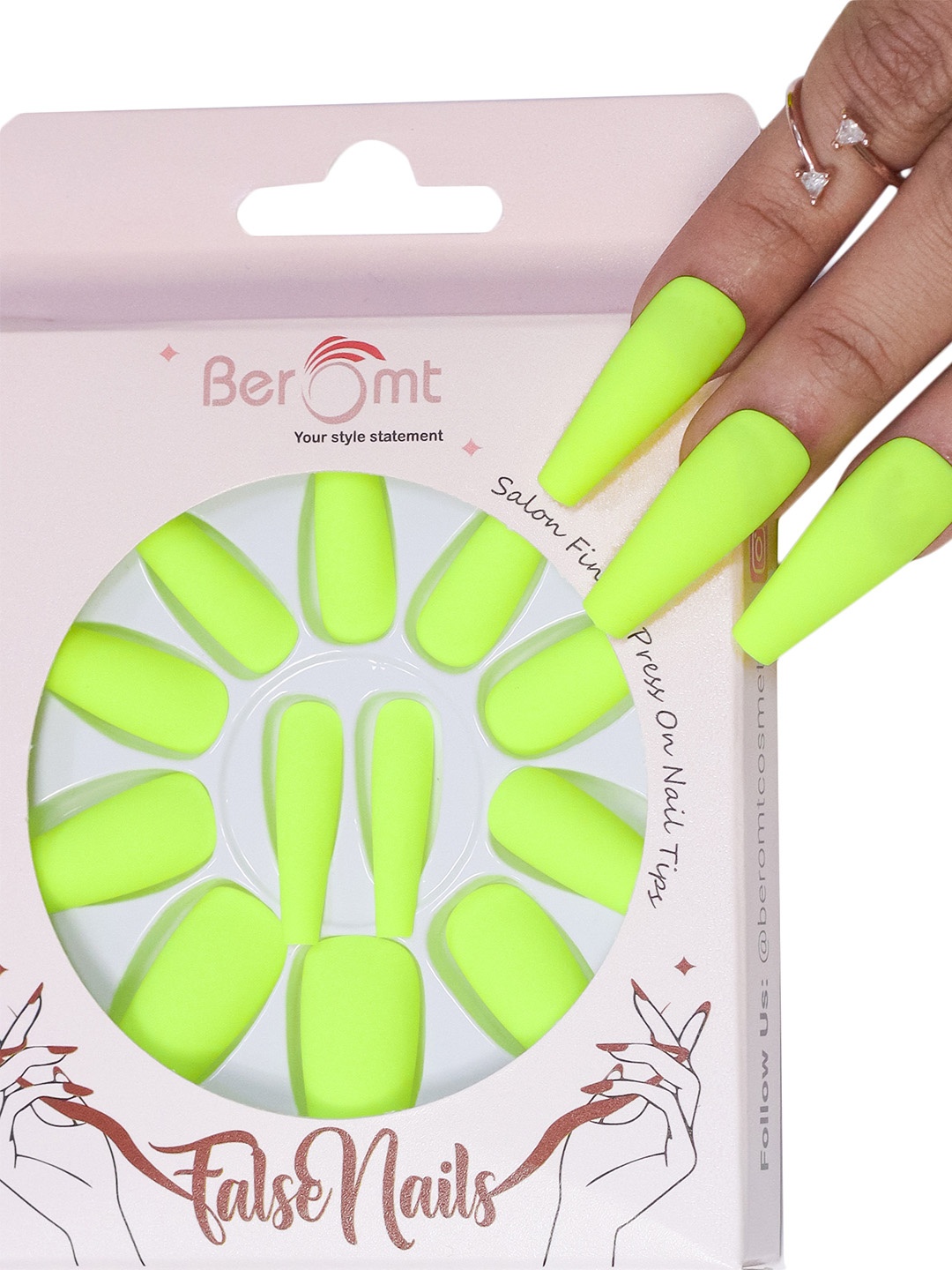 

BEROMT 12 Pcs Long-Lasting Reusable Lightweight Salon Finish Press on Nail Tips-540, Fluorescent green