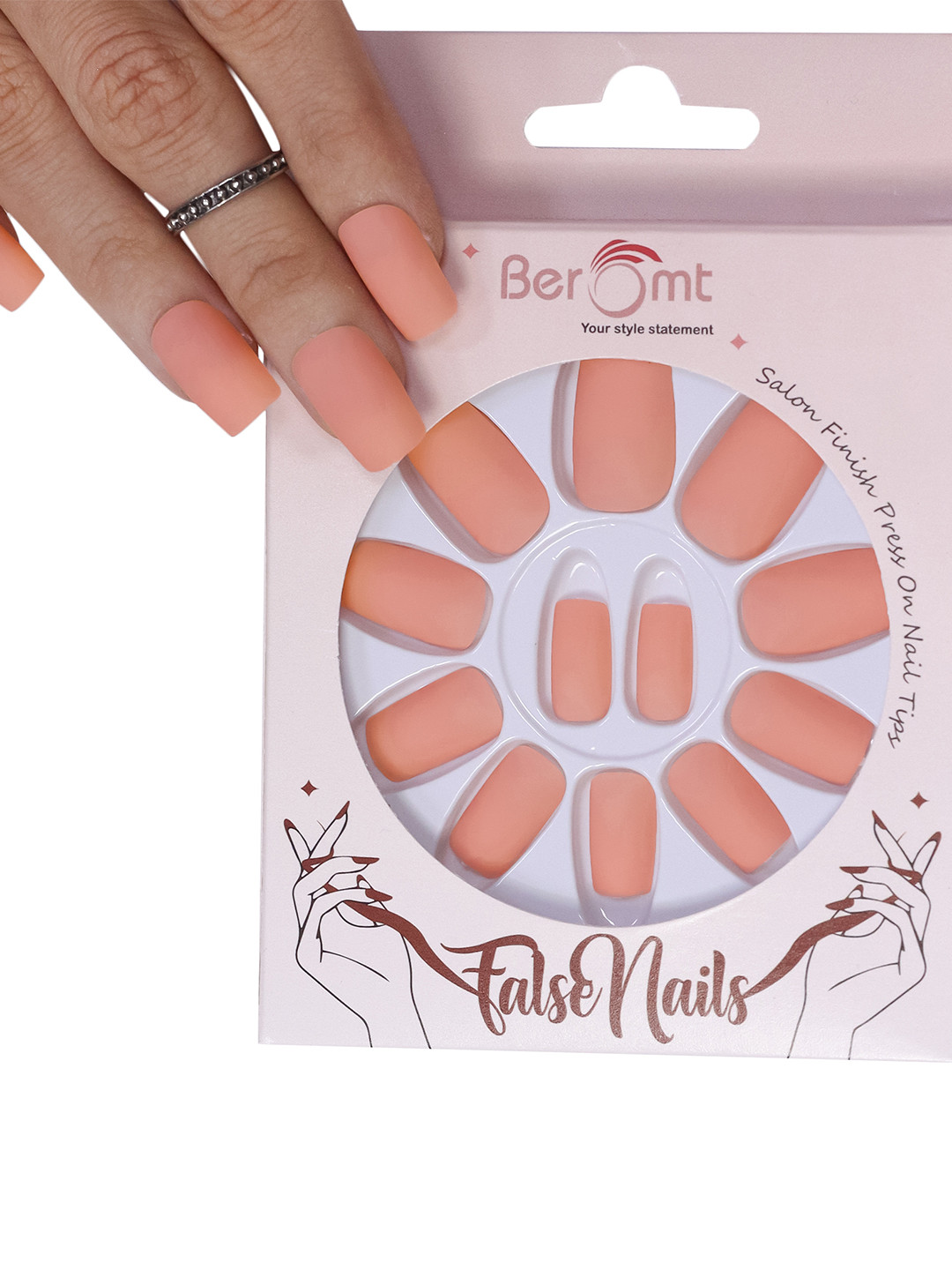 

BEROMT 12 Pcs Long-Lasting Premium Matte Salon Finish Press On Nails - Shade 460, Peach