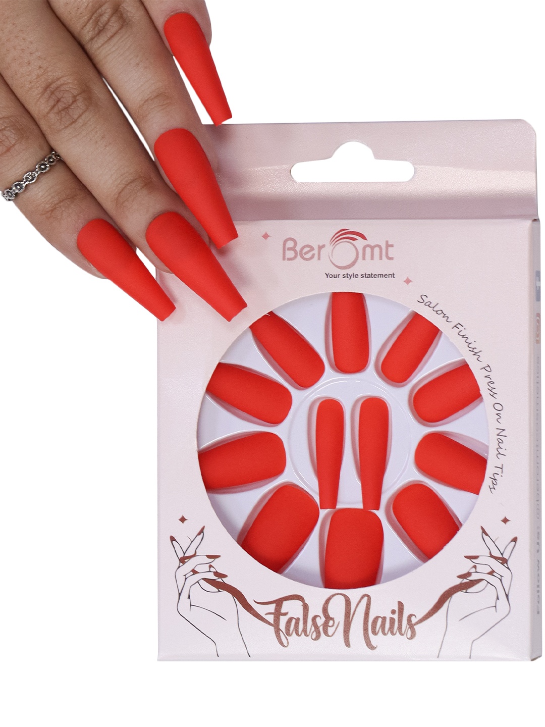 

BEROMT 12 Pcs Long-Lasting Reusable Lightweight Salon Finish Press on Nail Tips-537, Red
