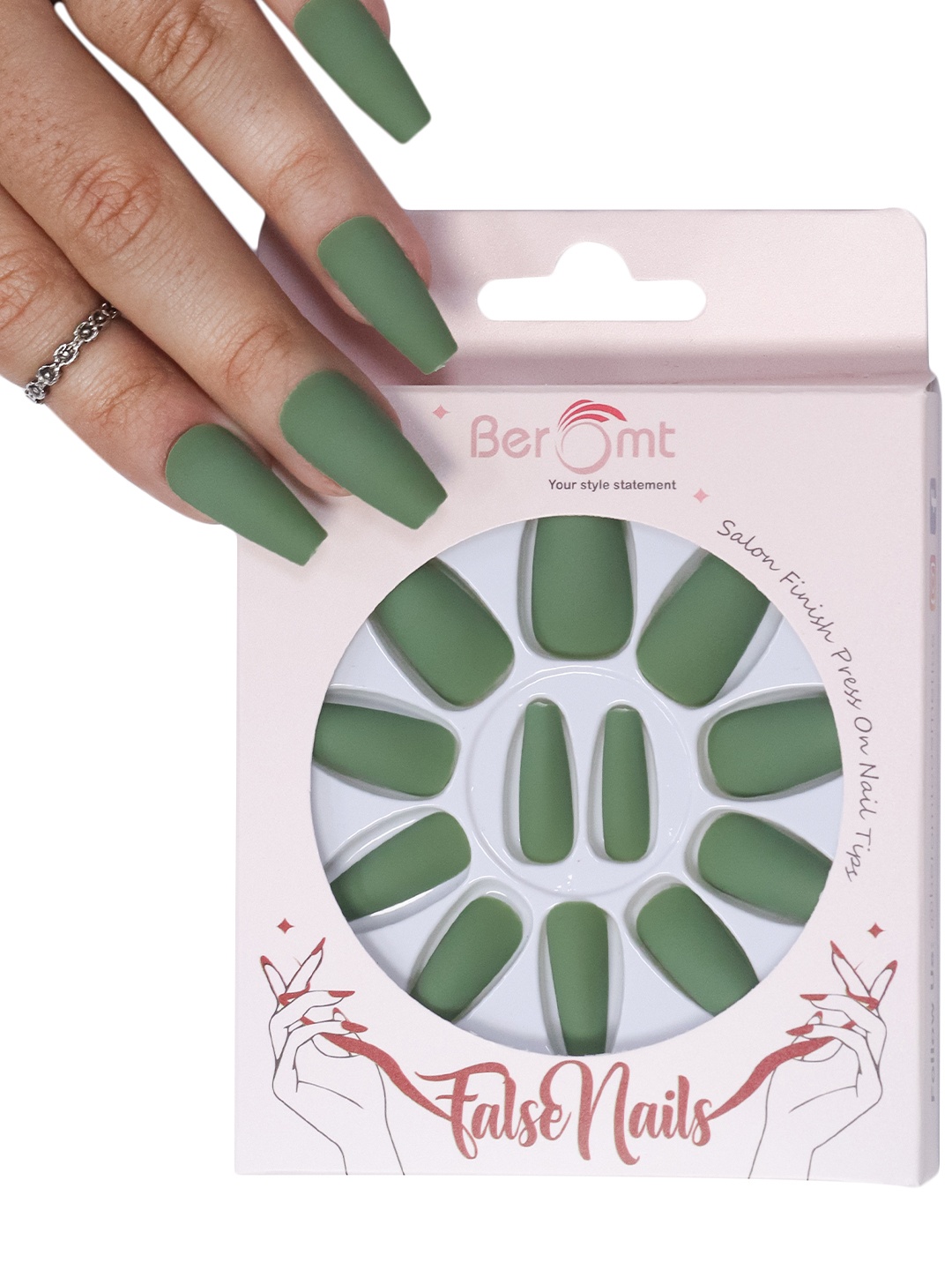 

BEROMT 12 Pcs Long-Lasting Premium Matte Salon Finish Press On Nails - Shade 519, Green