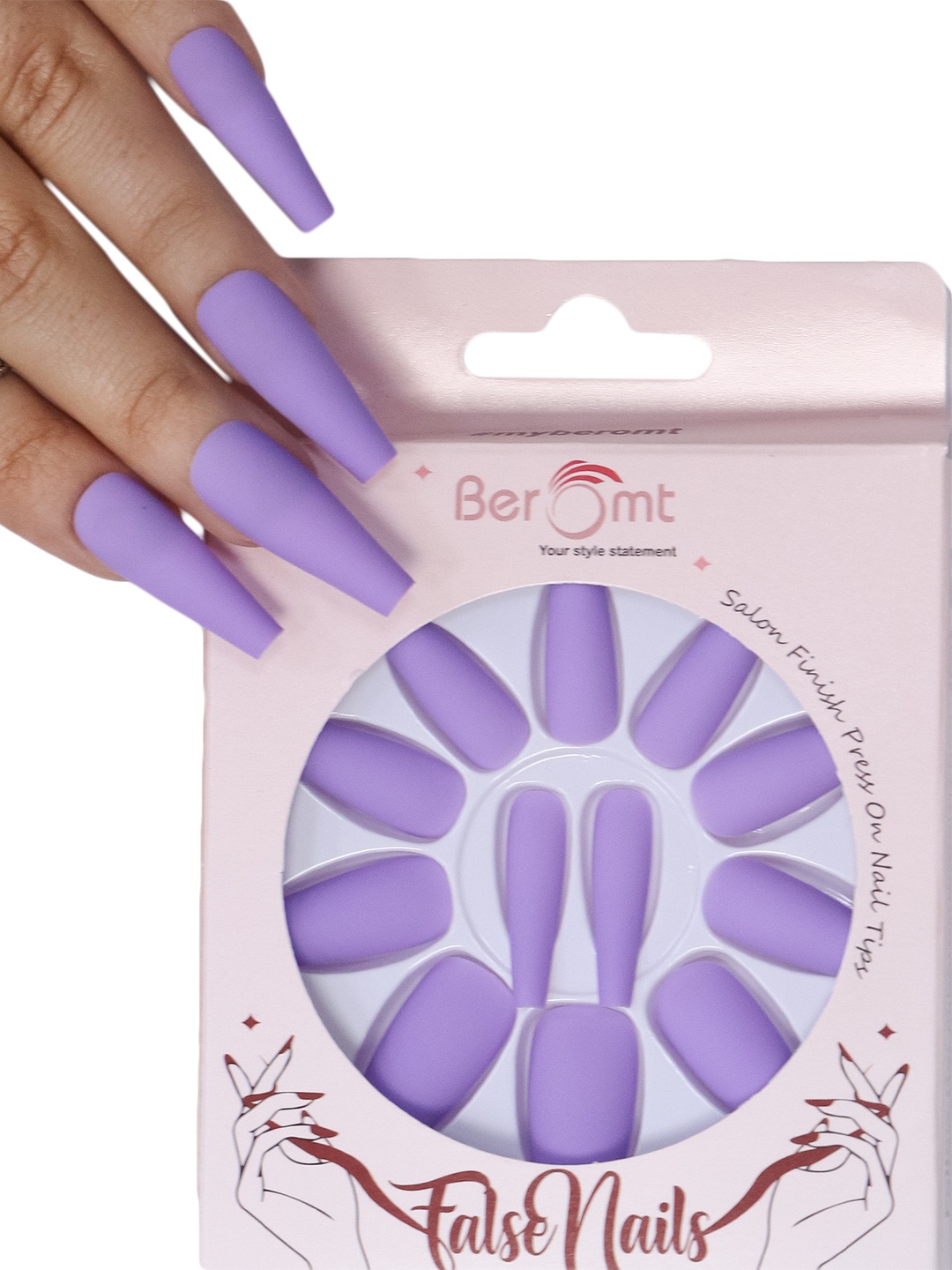 

BEROMT 12 Pcs Long-Lasting Premium Matte Salon Finish Press On Nails - Shade 522, Violet