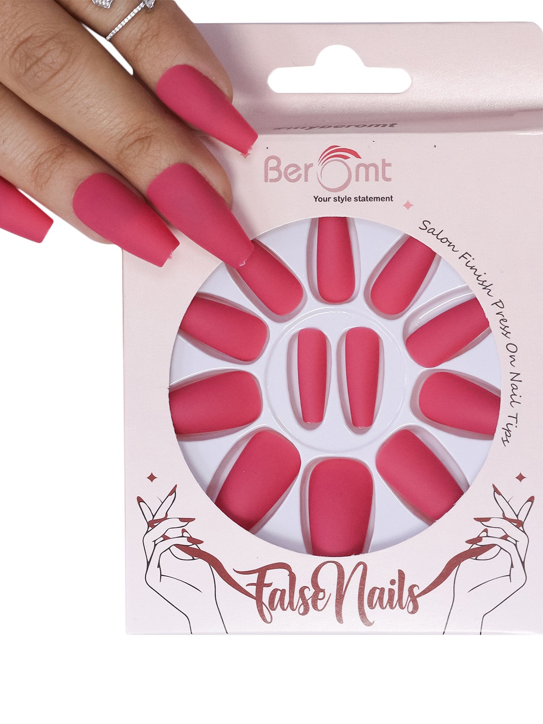 

BEROMT 12 Pcs Long-Lasting Premium Matte Salon Finish Press On Nails - Shade 540, Pink