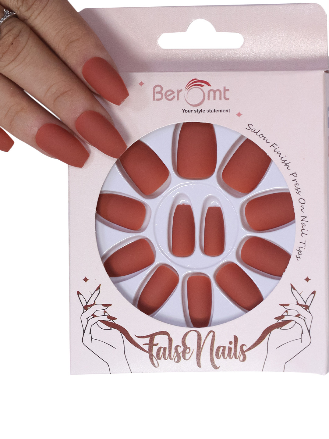 

BEROMT 12 Pcs Long-Lasting Premium Matte Salon Finish Press On Nails - Shade 489, Rose
