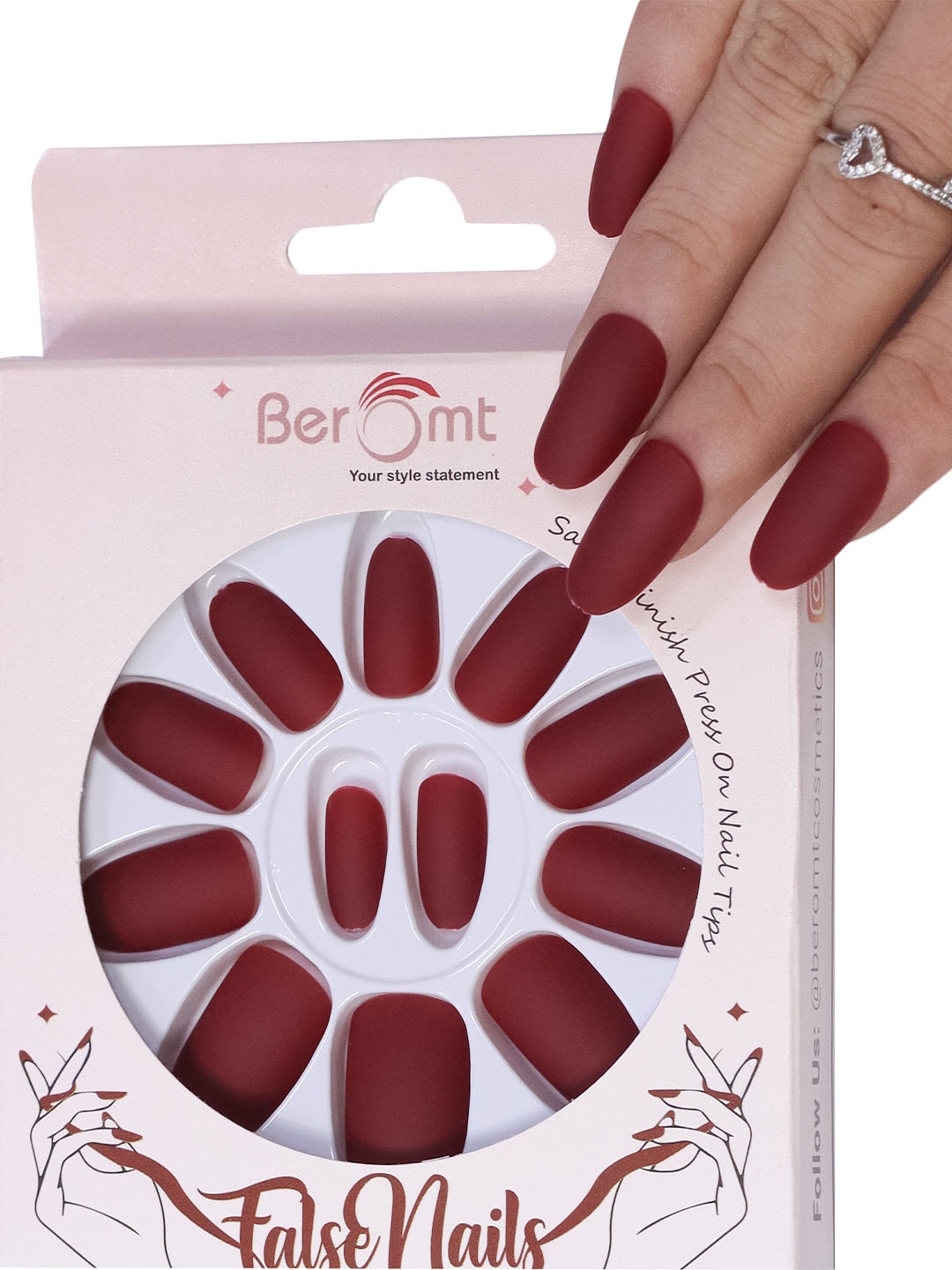 

BEROMT 12 Pcs Long-Lasting Reusable Lightweight Salon Finish Press on Nail Tips-401, Maroon