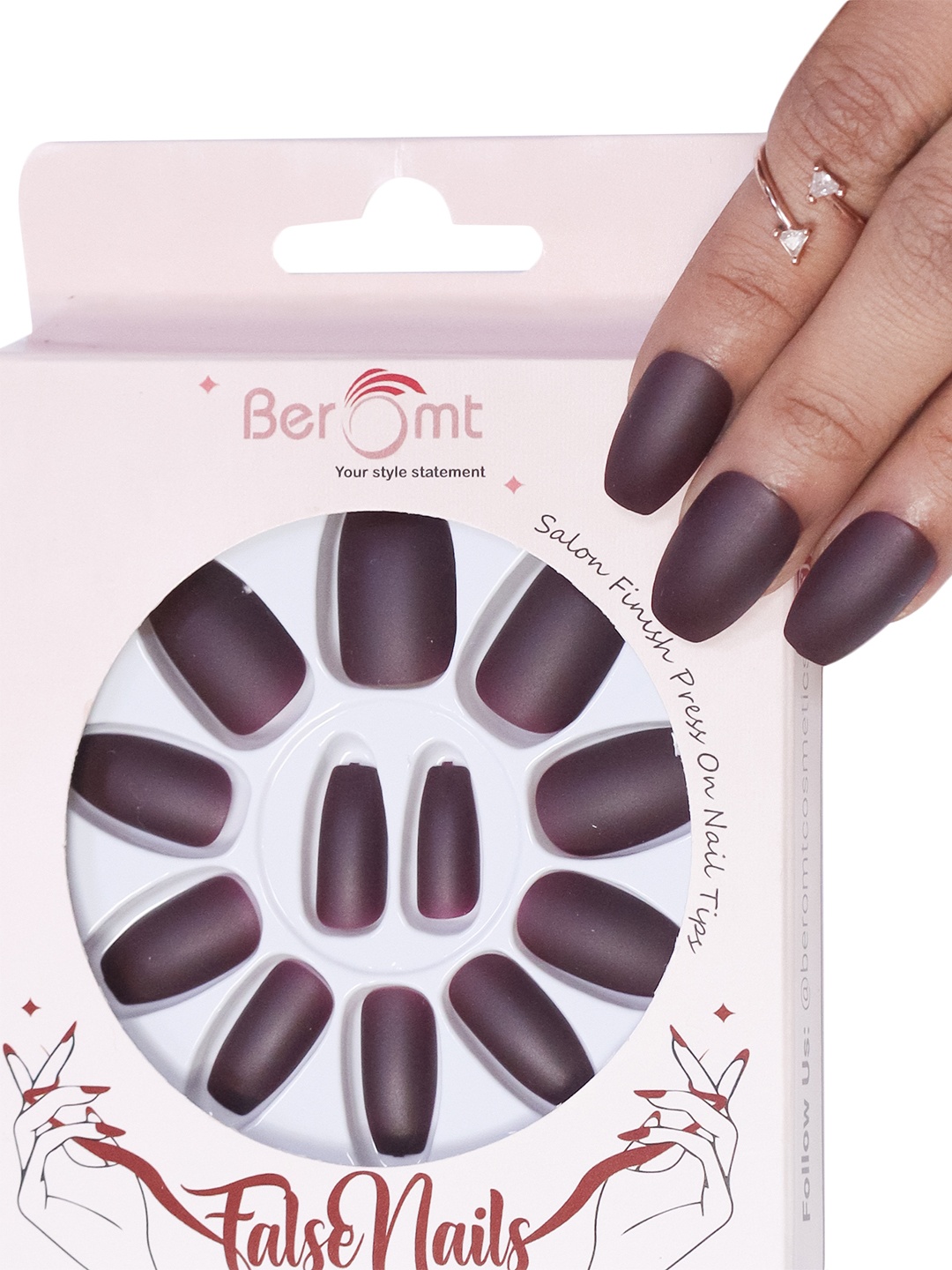 

BEROMT 12 Pcs Long-Lasting Premium Matte Salon Finish Press On Nails - Shade 444, Maroon