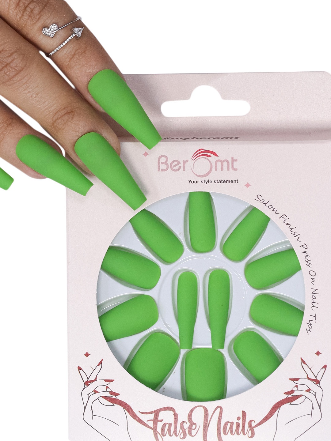 

BEROMT 12 Pcs Long-Lasting Reusable Lightweight Salon Finish Press on Nail Tips-418, Green