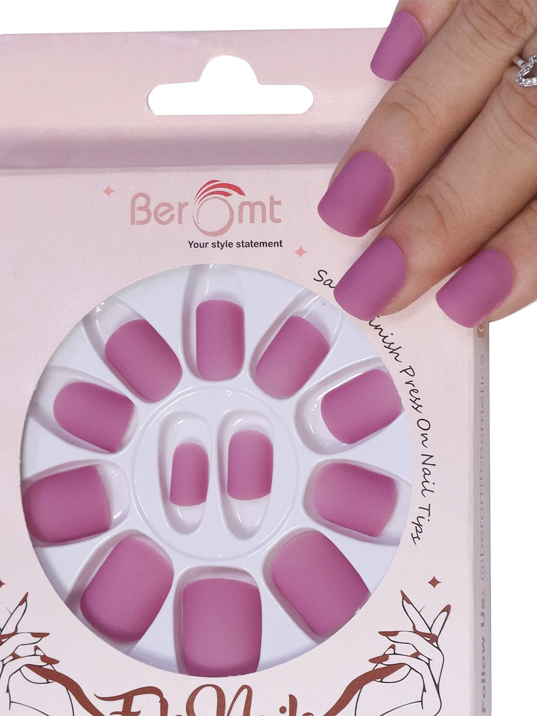 

BEROMT 12 Pcs Long-Lasting Premium Matte Salon Finish Press On Nails - Shade 551, Pink