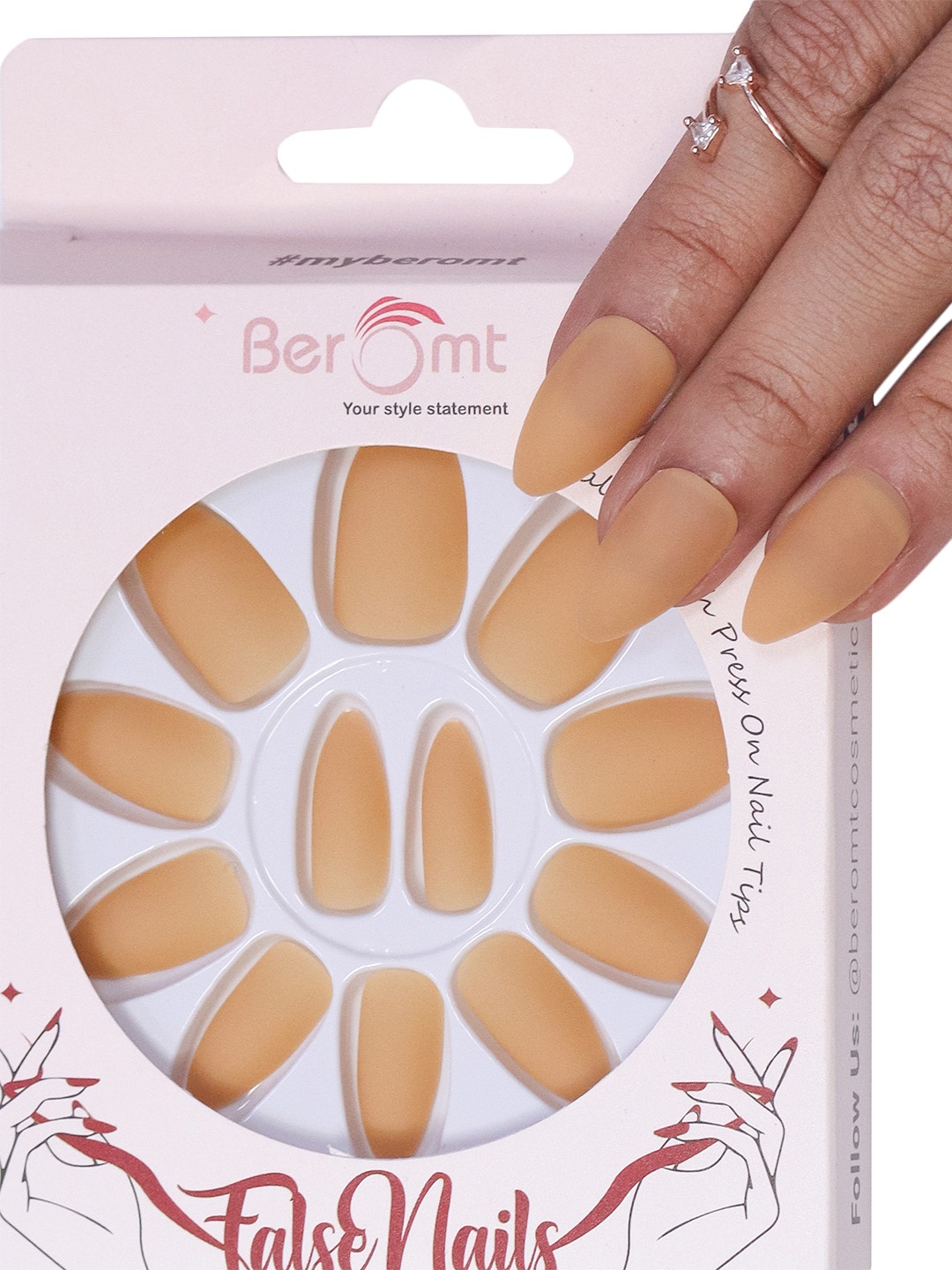 

BEROMT 12 Pcs Long-Lasting Premium Matte Salon Finish Press On Nails - Shade 548, Peach