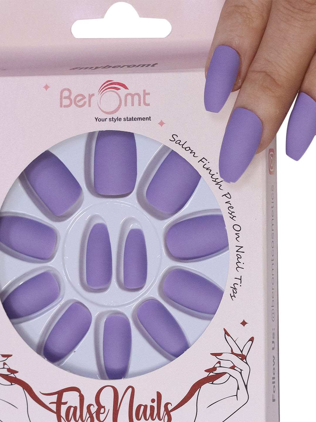 

BEROMT 12 Pcs Long-Lasting Premium Matte Salon Finish Press On Nails - Shade 474, Lavender