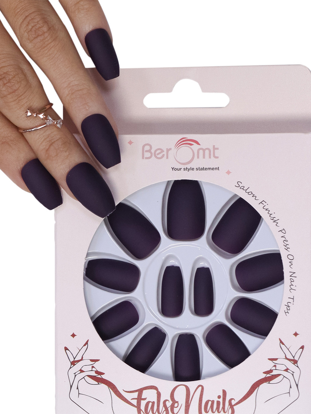 

BEROMT 12 Pcs Long-Lasting Premium Matte Salon Finish Press On Nails - Shade 558, Black