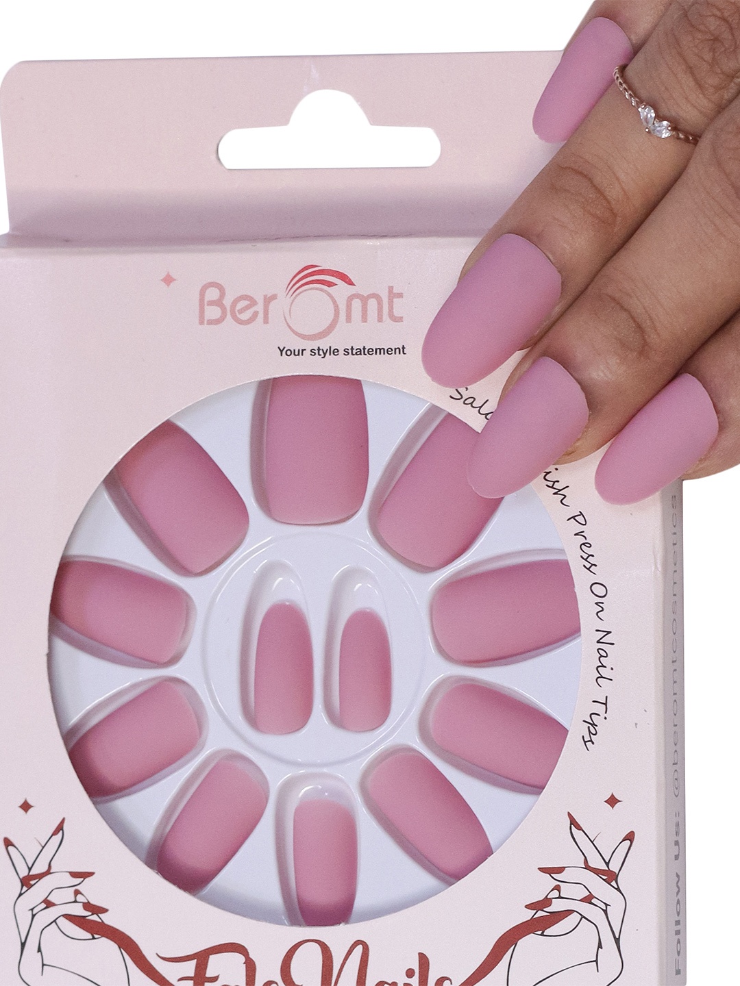 

BEROMT 12 Pcs Long-Lasting Premium Matte Salon Finish Press On Nails - Shade 471, Pink