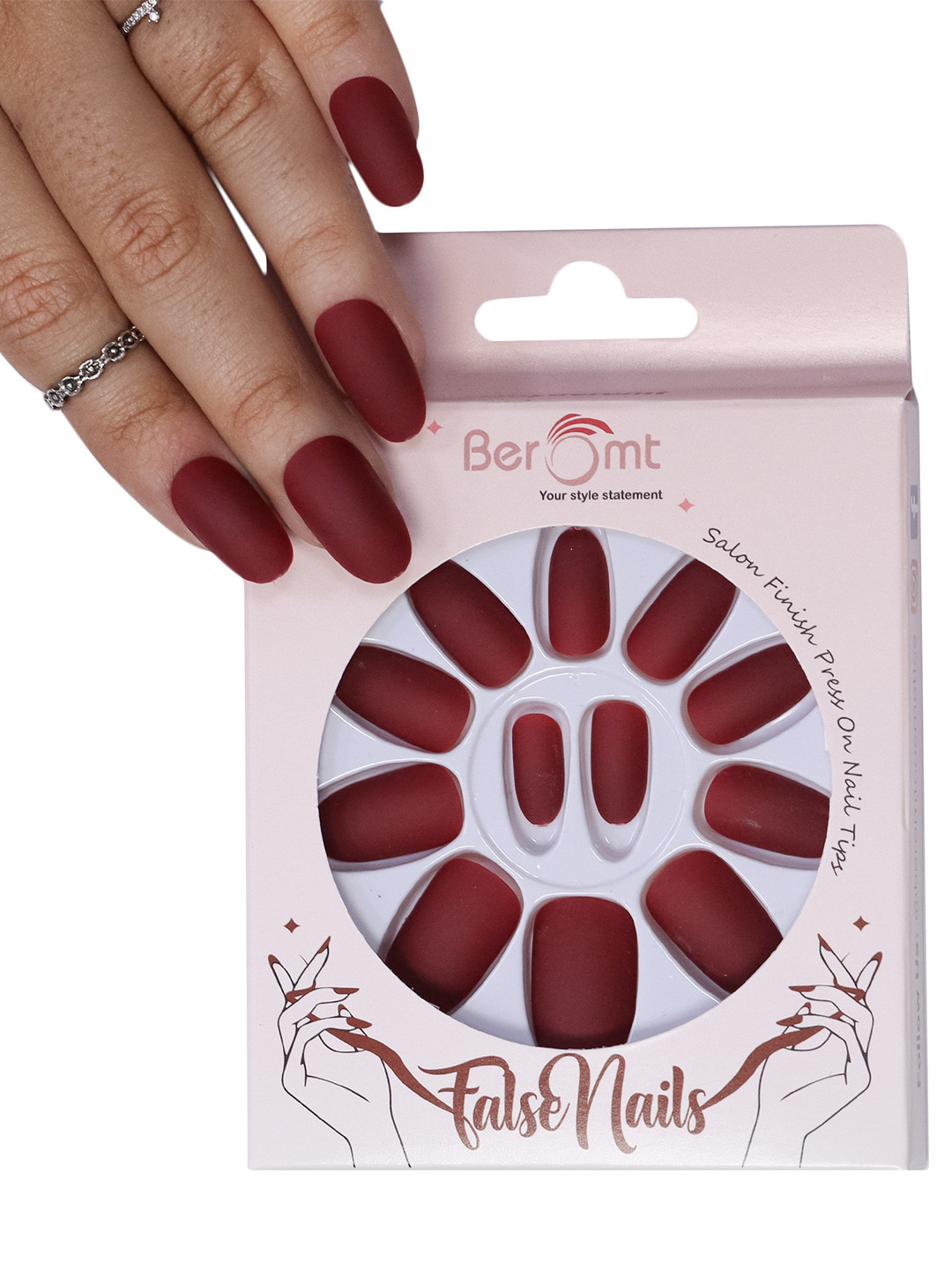 

BEROMT 12 Pcs Long-Lasting Premium Matte Salon Finish Press On Nails - Shade 465, Brown
