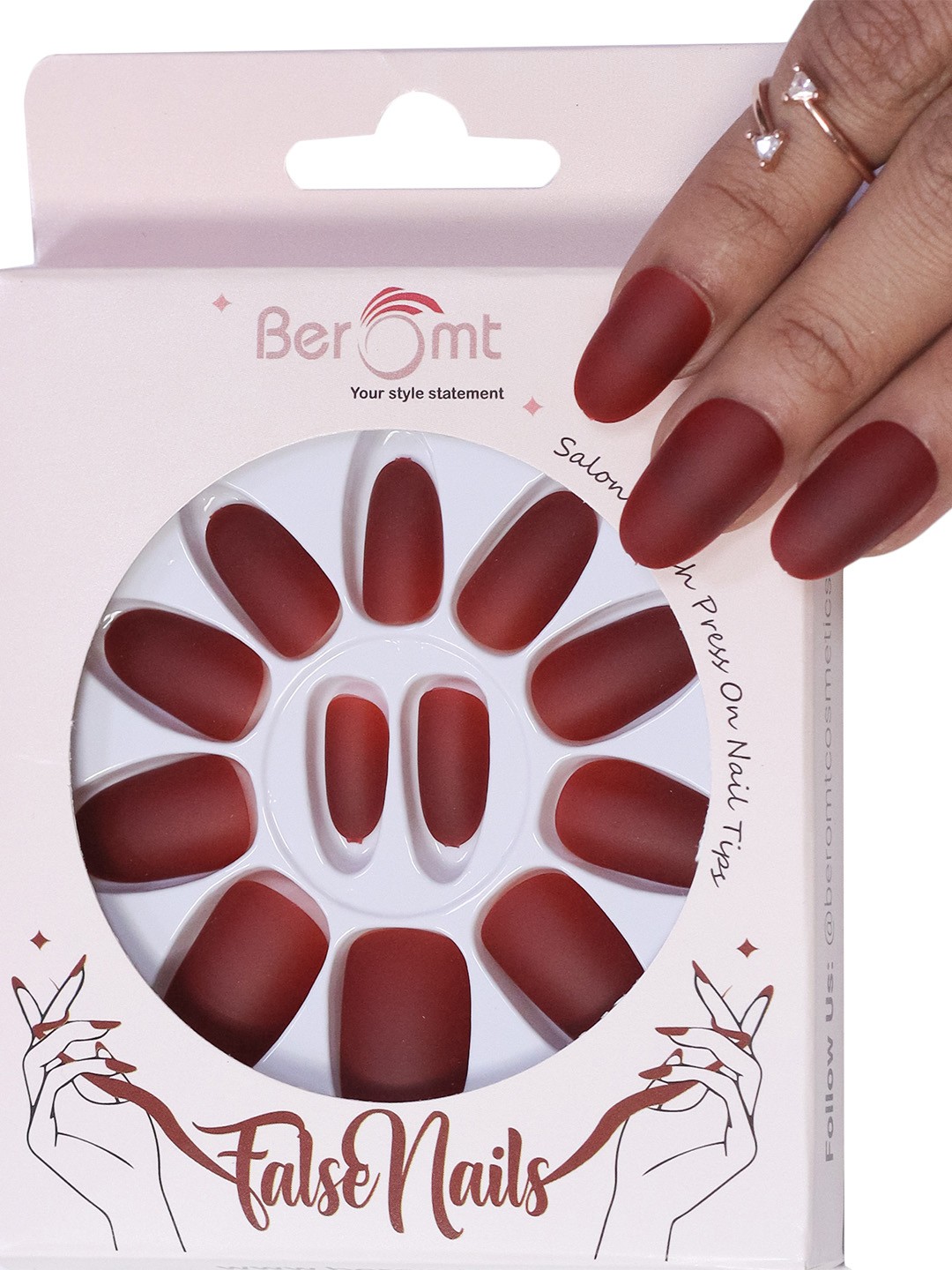 

BEROMT 12 Pcs Long-Lasting Premium Matte Salon Finish Press On Nails - Shade 502, Red