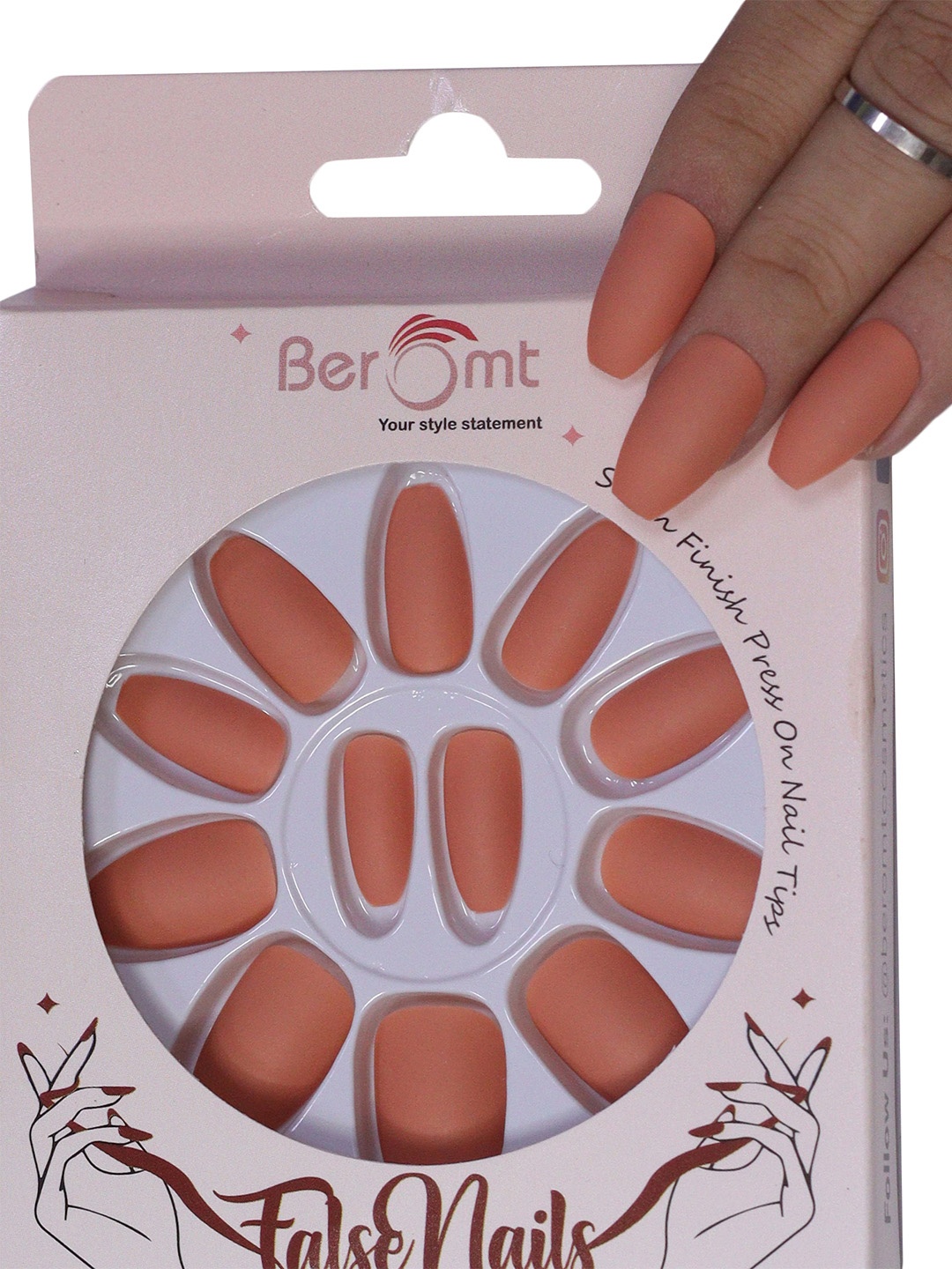 

BEROMT 12 Pcs Long-Lasting Premium Matte Salon Finish Press On Nails - Shade 462, Orange