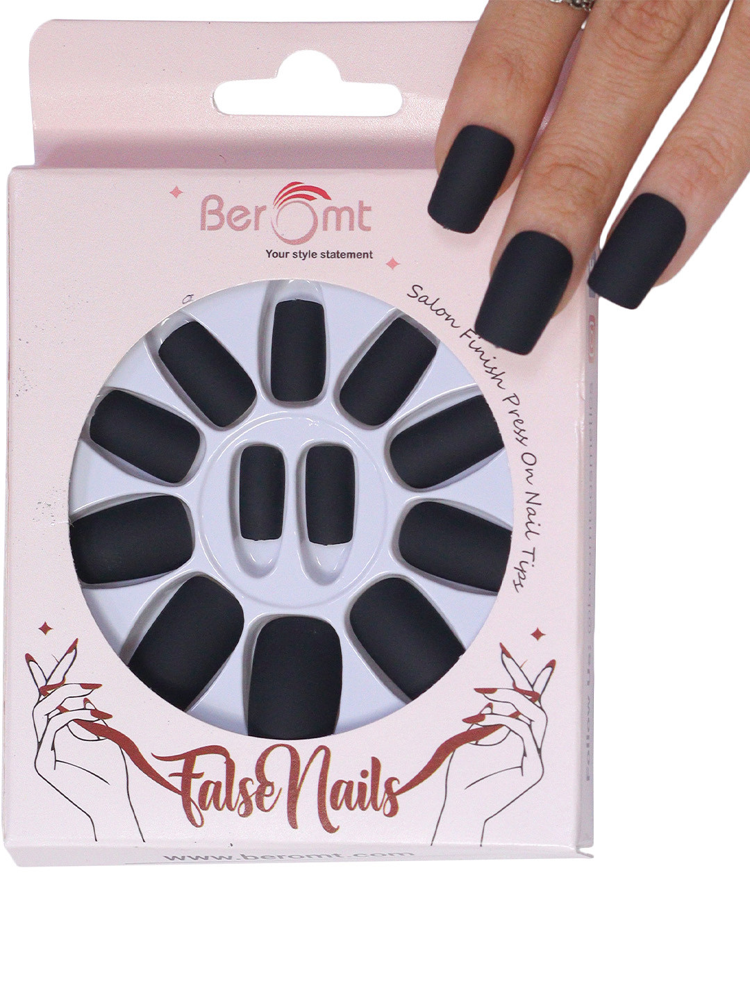 

BEROMT 12 Pcs Long-Lasting Premium Matte Salon Finish Press On Nails - Shade 453, Black