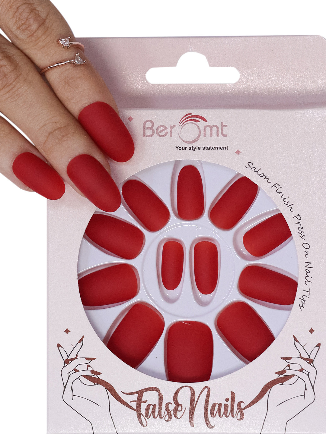 

BEROMT 12 Pcs Long-Lasting Premium Matte Salon Finish Press On Nails - Shade 435, Red