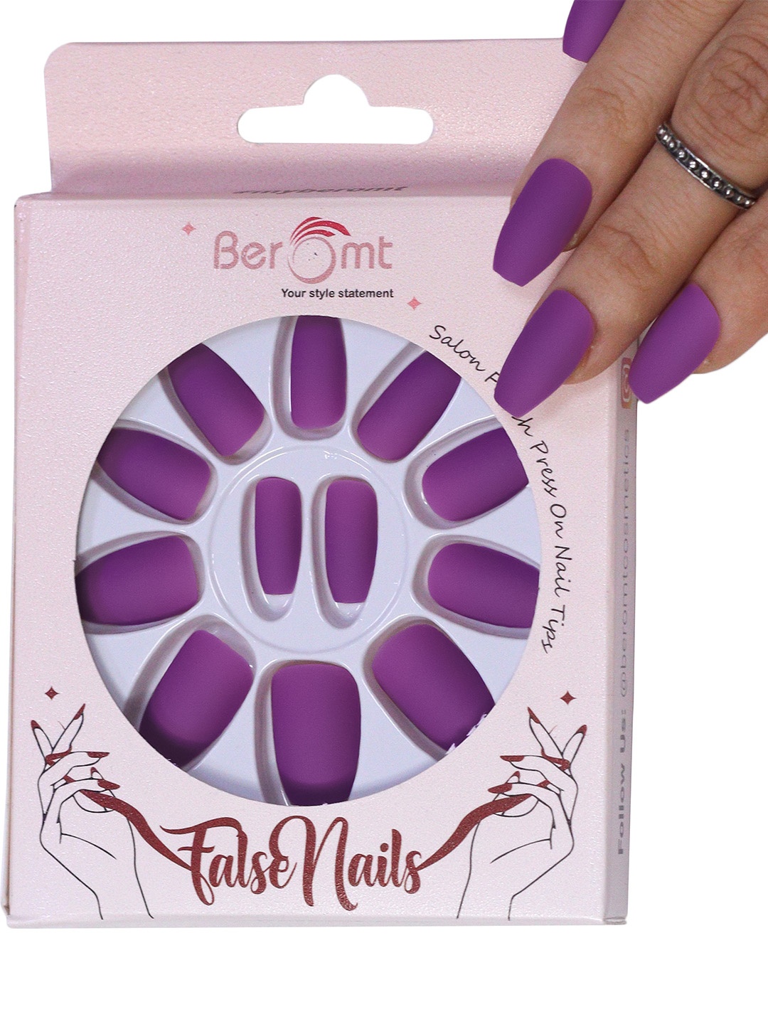 

BEROMT 12 Pcs Long-Lasting Premium Matte Salon Finish Press On Nails - Shade 441, Purple