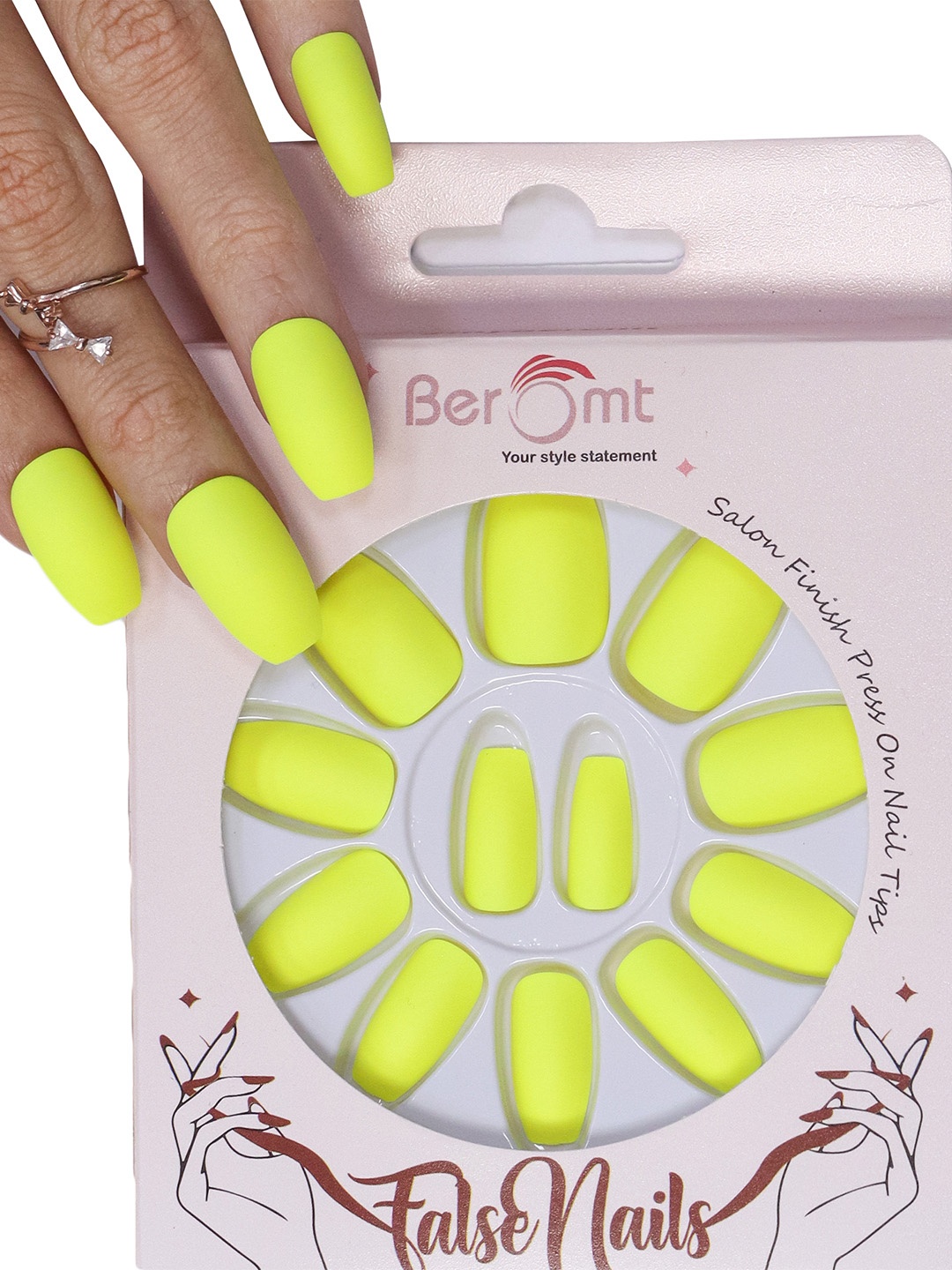 

BEROMT 12 Pcs Long-Lasting Premium Matte Salon Finish Press On Nails - Shade 442, Yellow