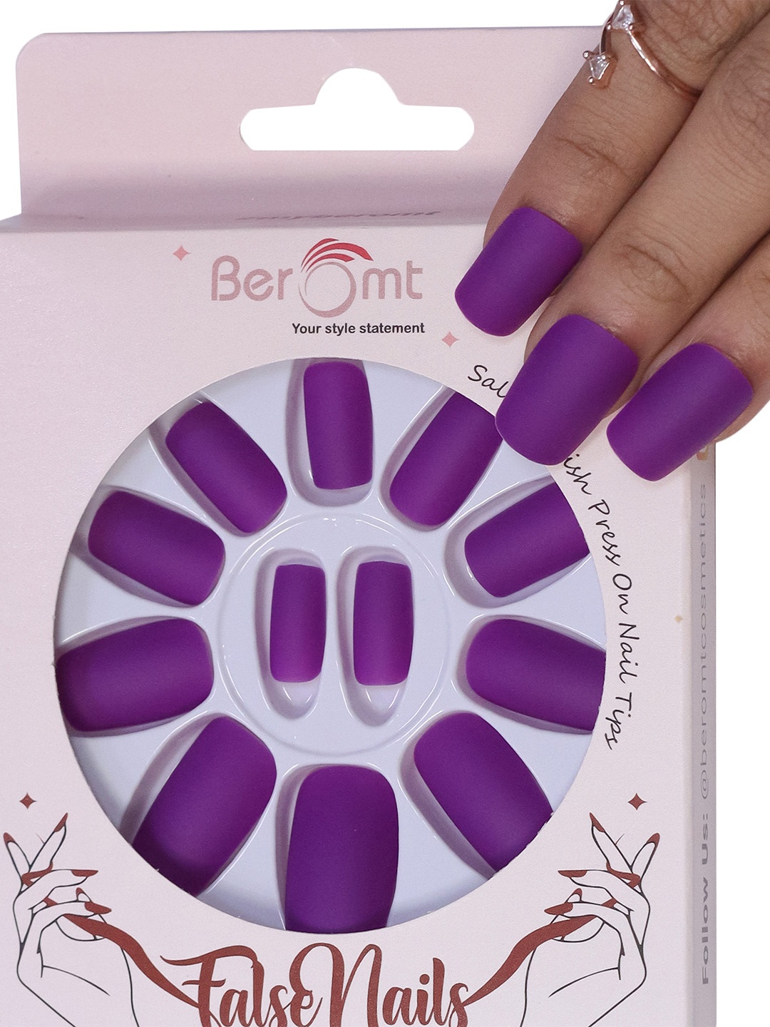 

BEROMT 12 Pcs Long-Lasting Premium Matte Salon Finish Press On Nails - Shade 470, Purple