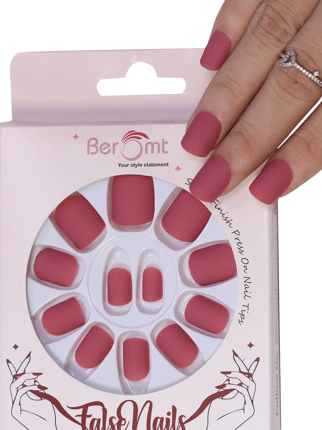 

BEROMT 12 Pcs Long-Lasting Premium Matte Salon Finish Press On Nails - Shade 473, Pink