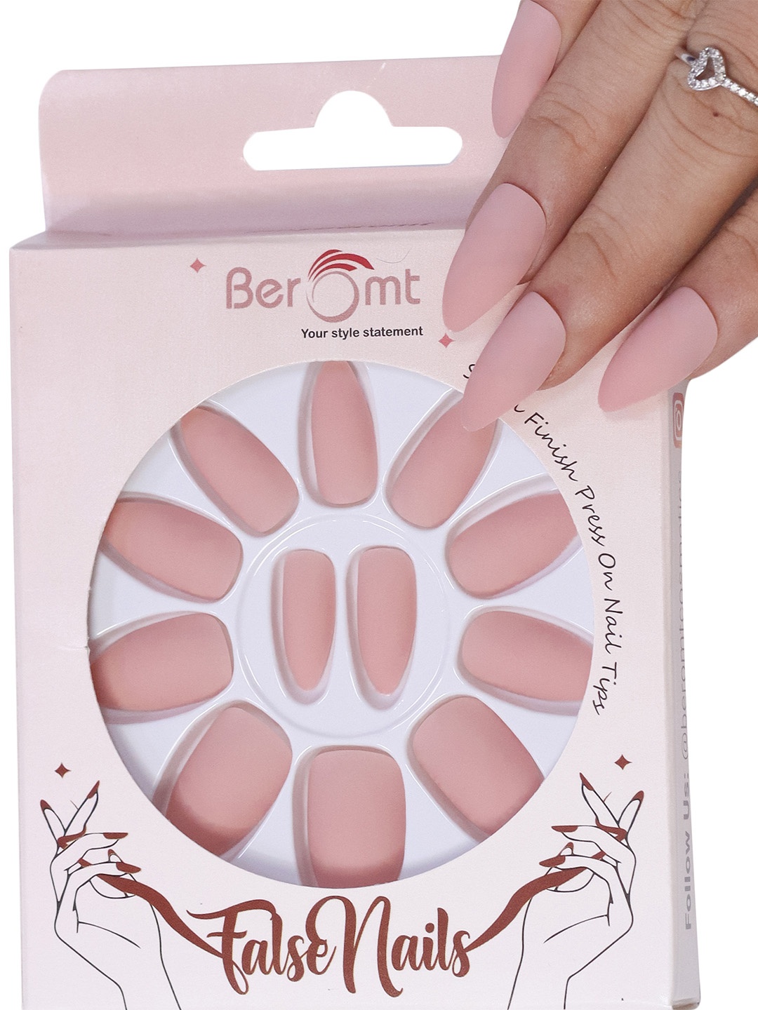 

BEROMT 12 Pcs Long-Lasting Premium Matte Salon Finish Press On Nails - Shade 467, Pink