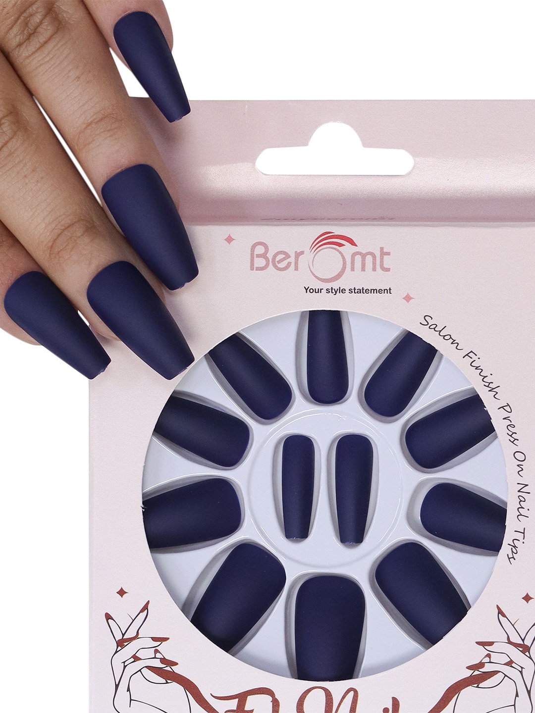 

BEROMT Salon Finish Premium Matte Press-On False Nail Tips Kit - Shade 536, Navy blue