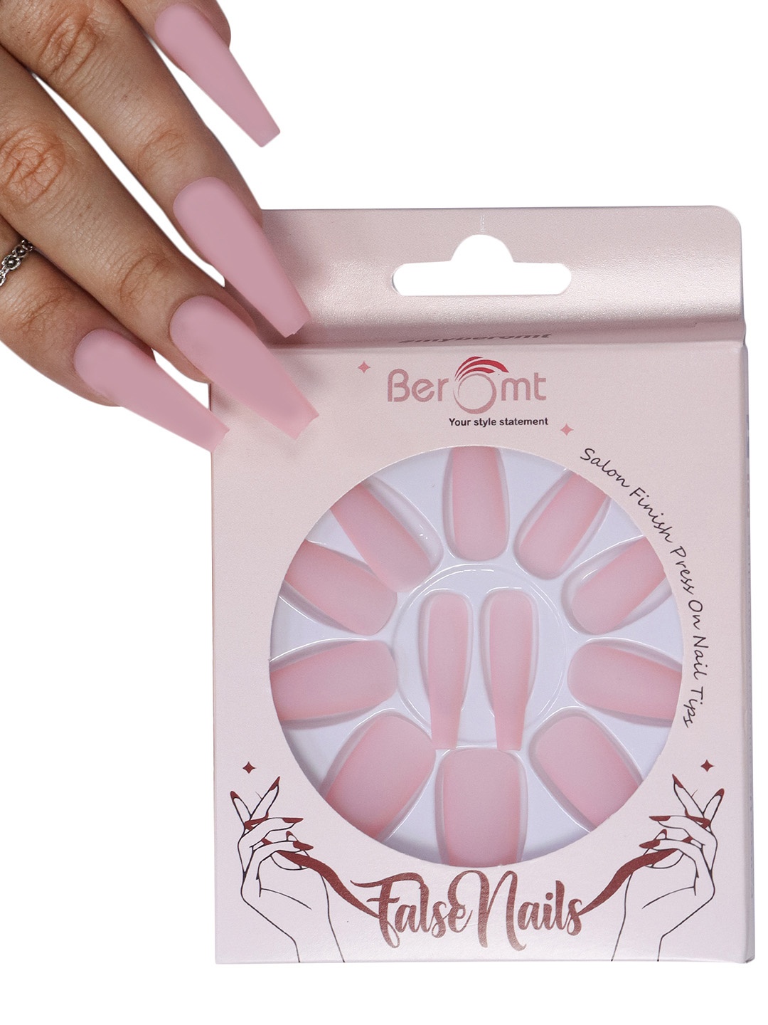 

BEROMT 12 Pcs Long-Lasting Premium Matte Salon Finish Press On Nails - Shade 518, Pink