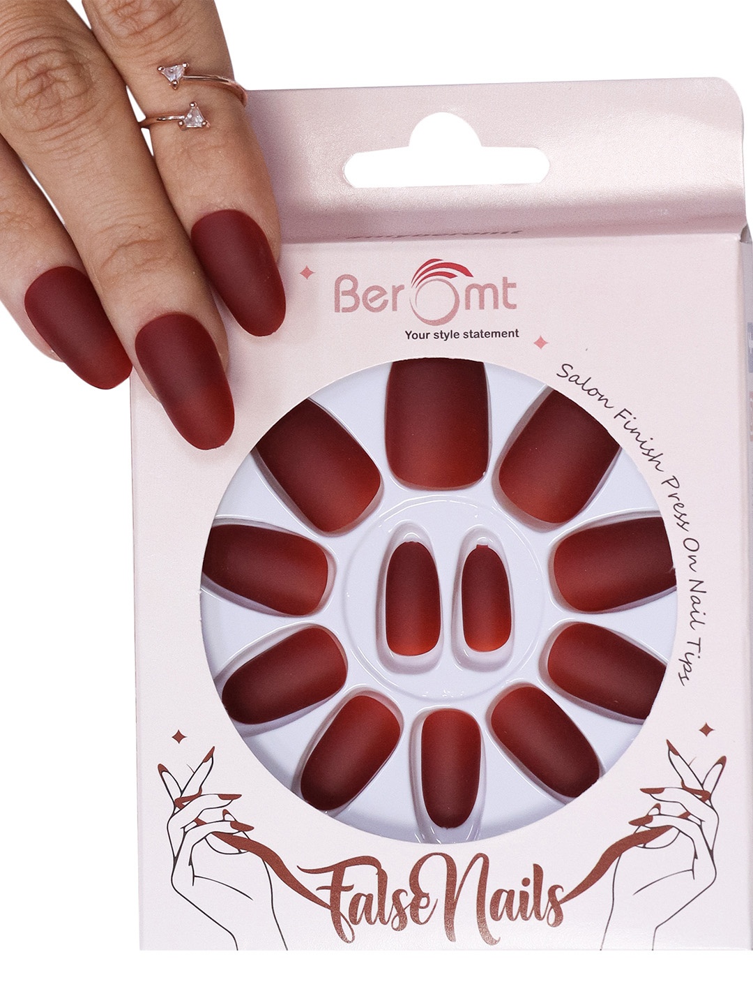 

BEROMT 12 Pcs Long-Lasting Premium Matte Salon Finish Press On Nails - Shade 515, Red