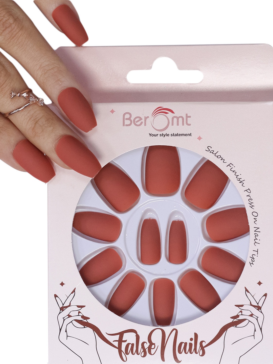 

BEROMT 12 Pcs Long-Lasting Premium Matte Salon Finish Press On Nails - Shade 487, Rose
