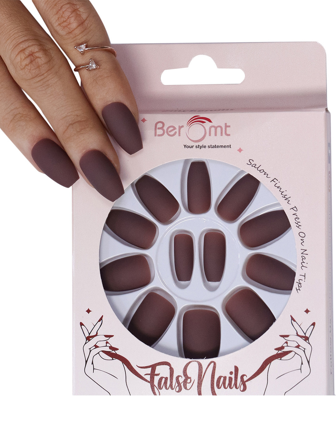 

BEROMT 12 Pcs Long-Lasting Premium Matte Salon Finish Press On Nails - Shade 490, Brown