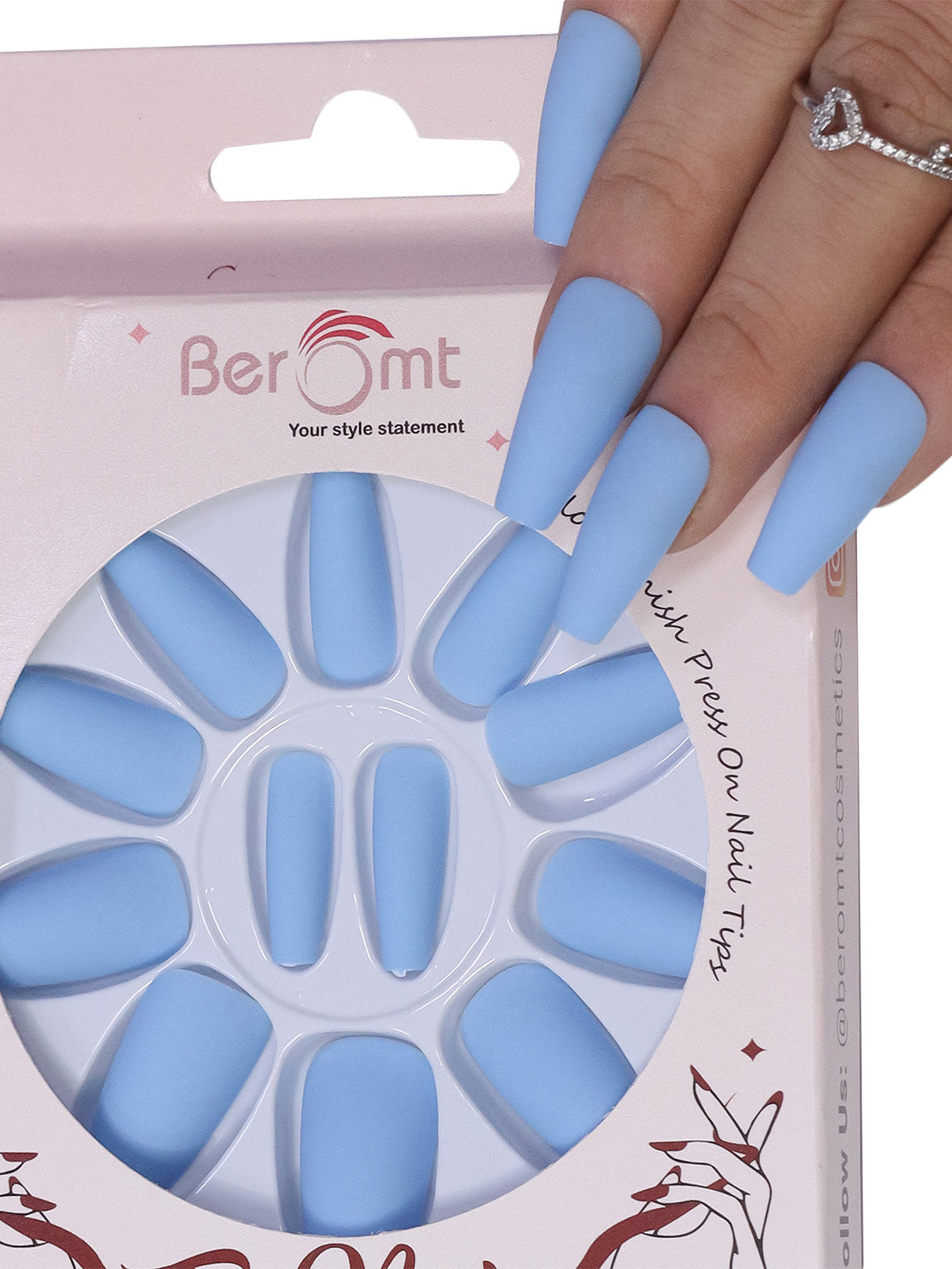 

BEROMT 12 Pcs Long-Lasting Premium Matte Salon Finish Press On Nails - Shade 521, Blue