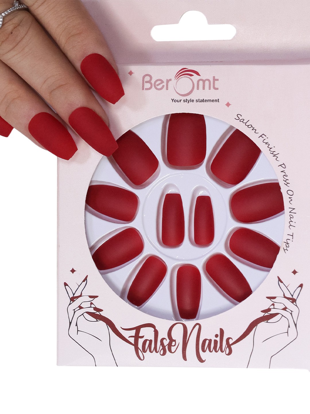 

BEROMT 12 Pcs Long-Lasting Premium Matte Salon Finish Press On Nails - Shade 459, Red