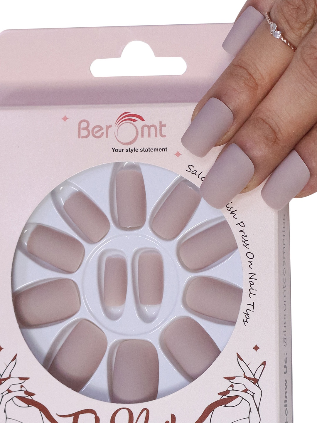 

BEROMT 12 Pcs Long-Lasting Premium Matte Salon Finish Press On Nails - Shade 481, Cream