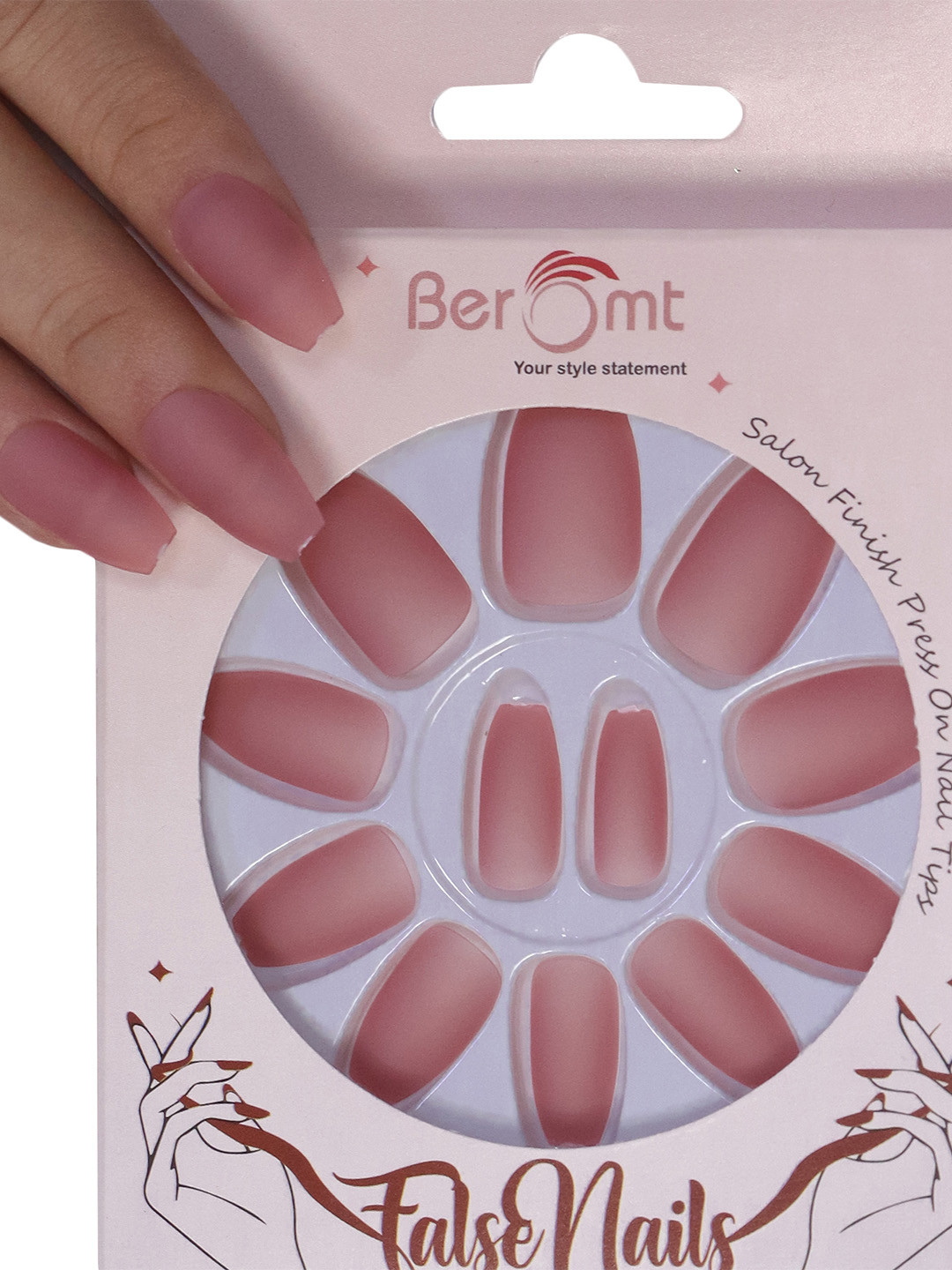 

BEROMT 12 Pcs Long-Lasting Premium Matte Salon Finish Press On Nails - Shade 493, Pink