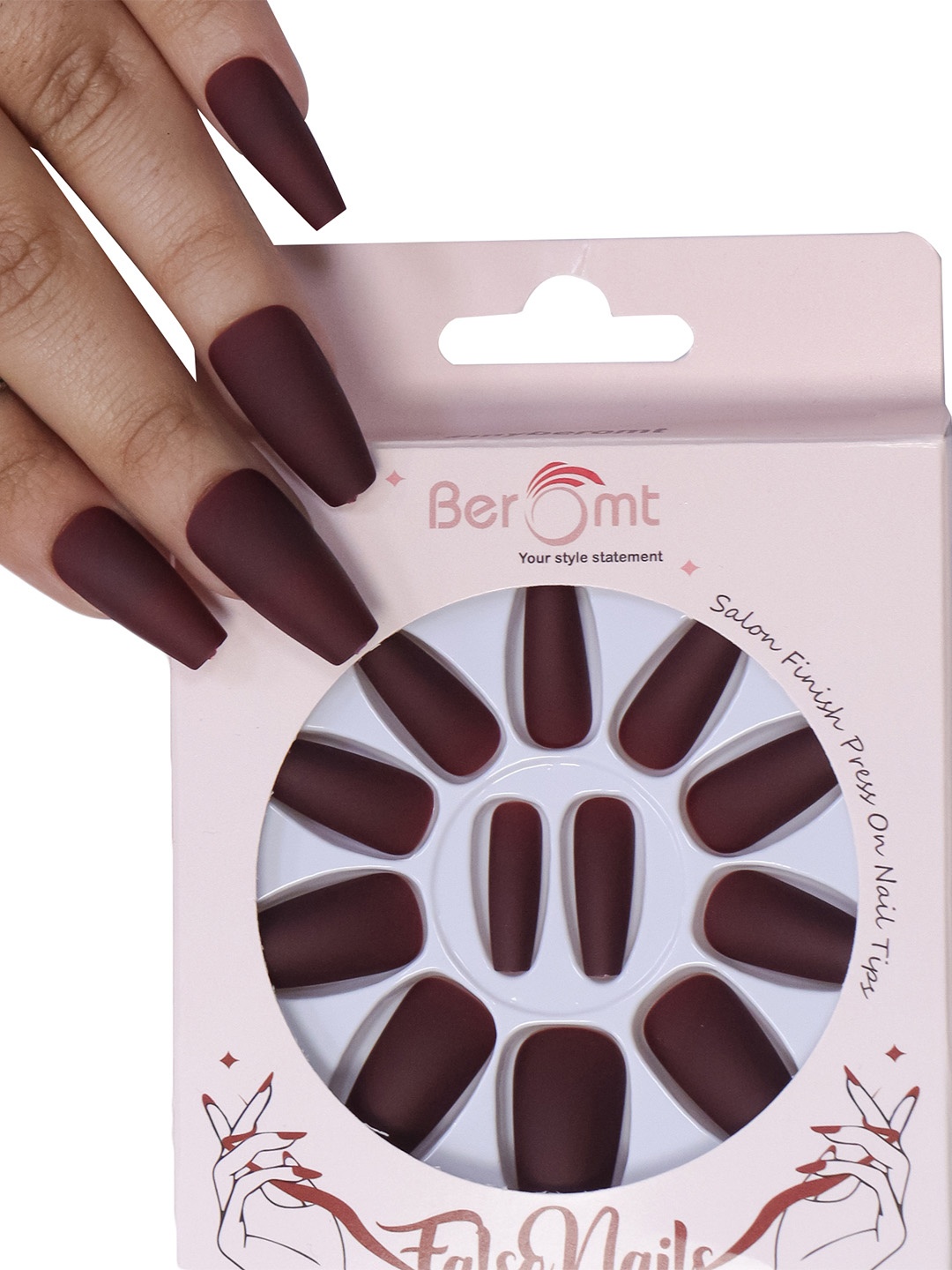 

BEROMT 12 Pcs Long-Lasting Reusable Lightweight Salon Finish Press on Nail Tips-542, Maroon