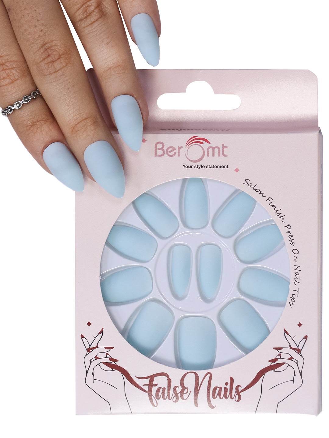 

BEROMT 12 Pcs Long-Lasting Premium Matte Salon Finish Press On Nails - Shade 478, Blue