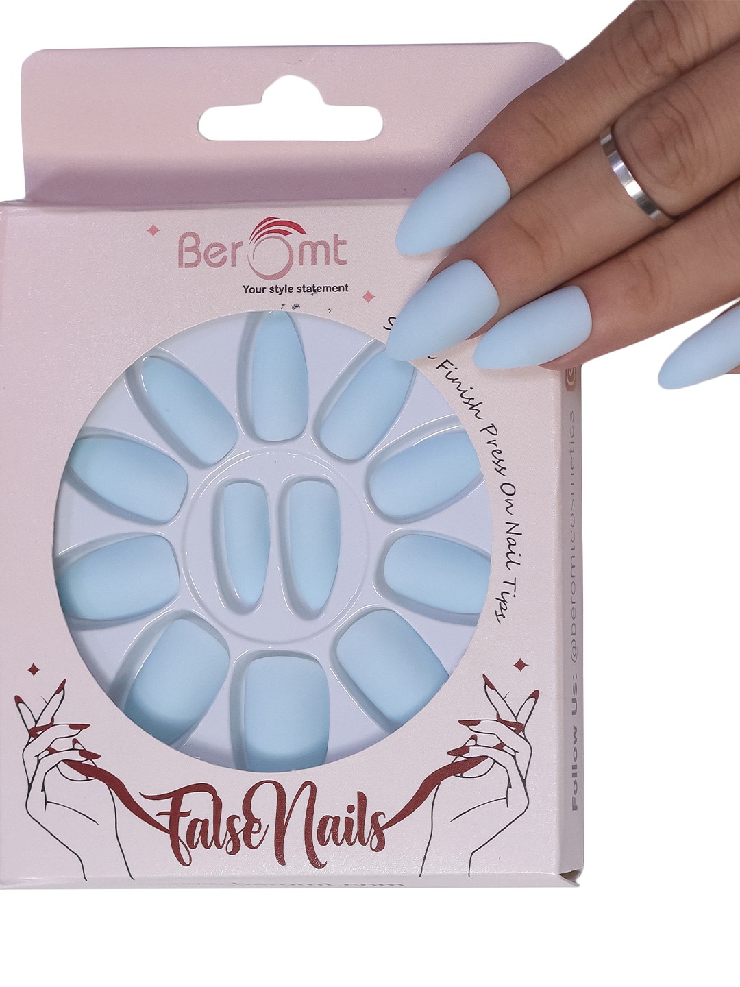 

BEROMT 12 Pcs Long-Lasting Reusable Lightweight Salon Finish Press on Nail Tips-407, Turquoise blue