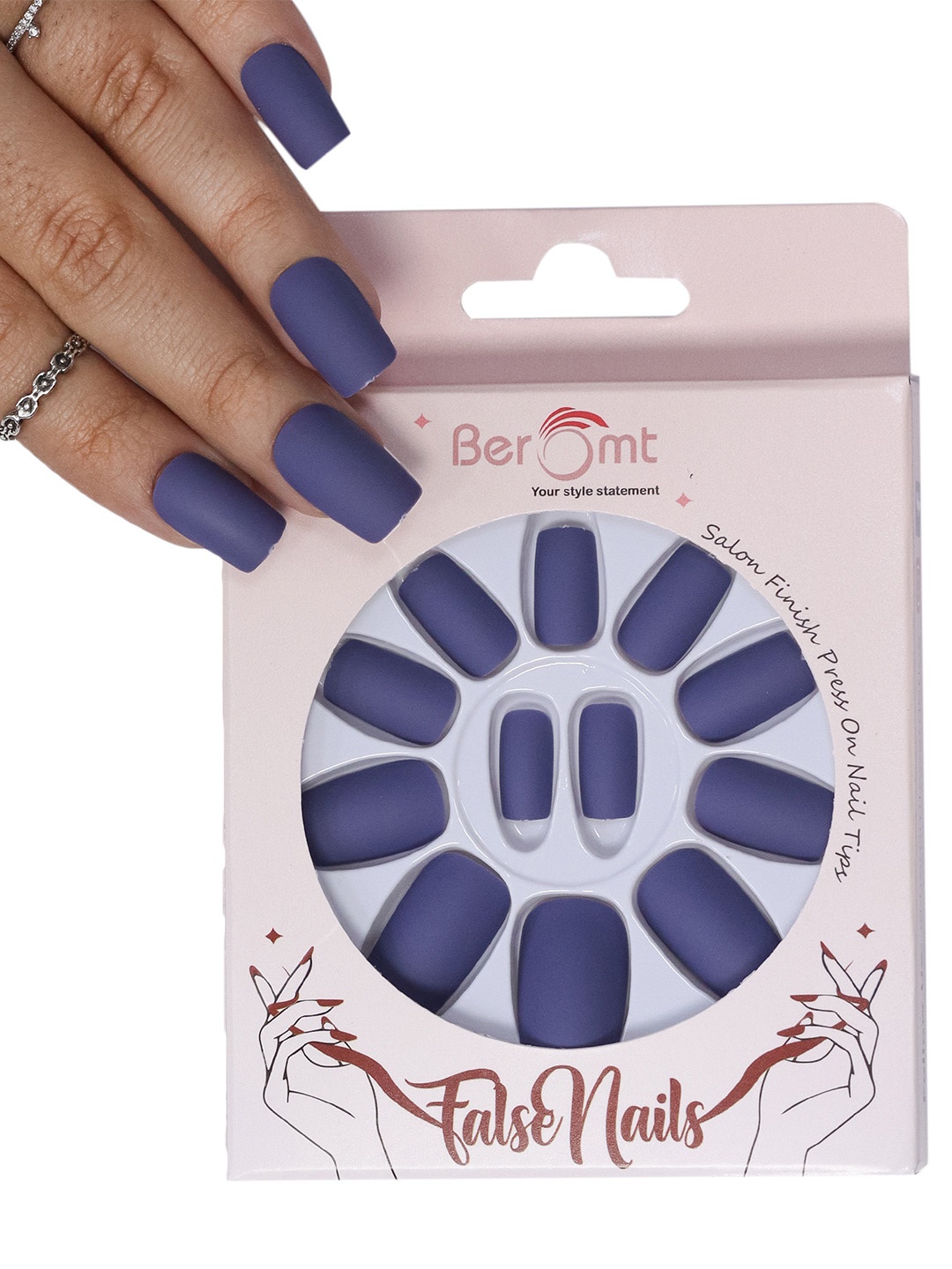 

BEROMT 12 Pcs Long-Lasting Premium Matte Salon Finish Press On Nails - Shade 495, Navy blue